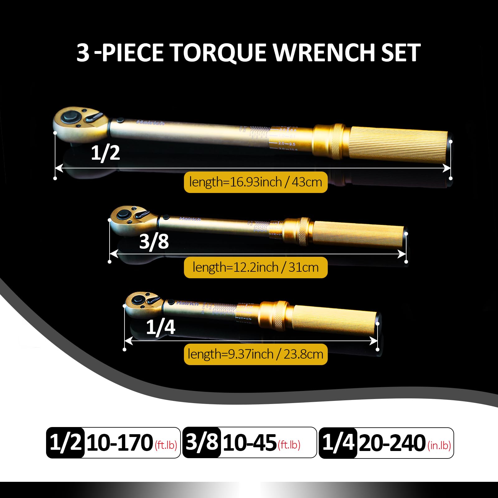 Hairich dual range scales emphasize FT LB and MM readability for accurate torque.