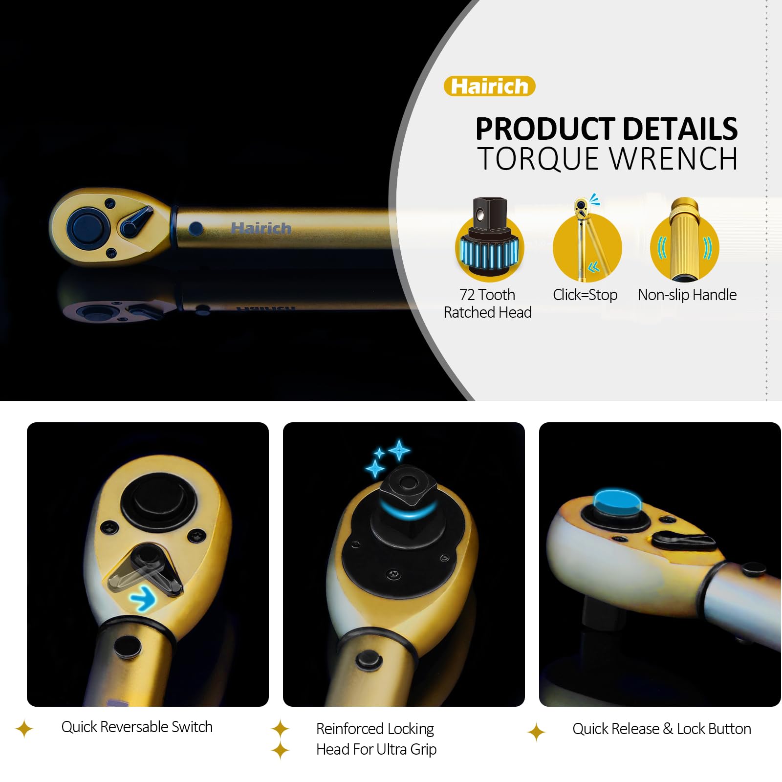 Hairich quick release reversible head highlights faster adjustments during maintenance tasks.
