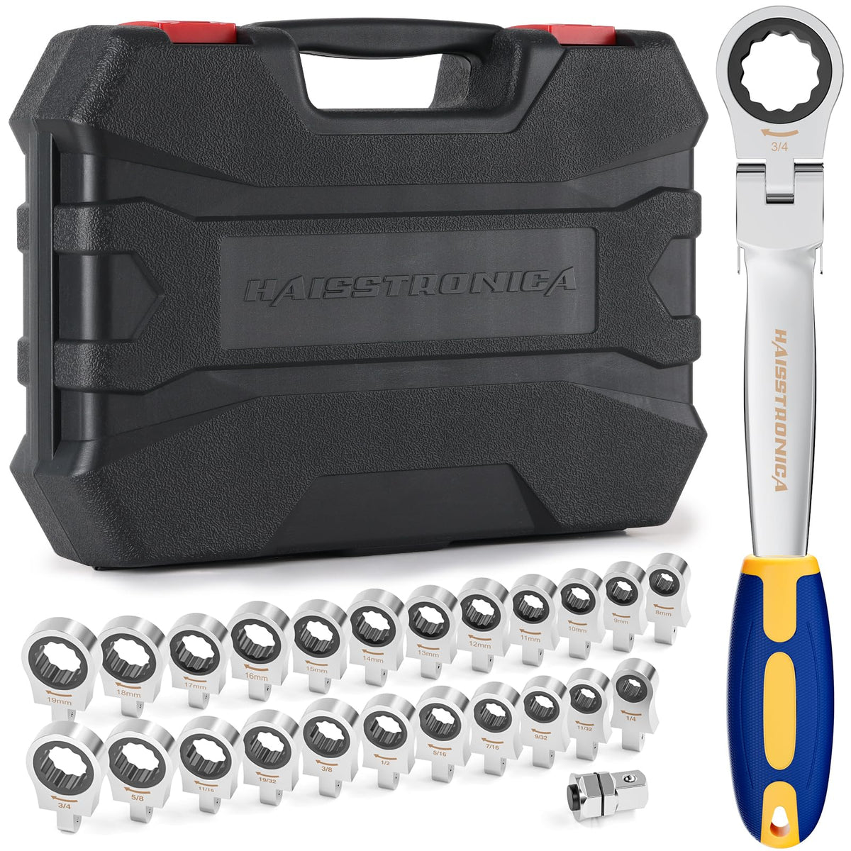 Haisstronica 24 in 1 interchangeable heads ratchet wrench set for versatile auto repairs.