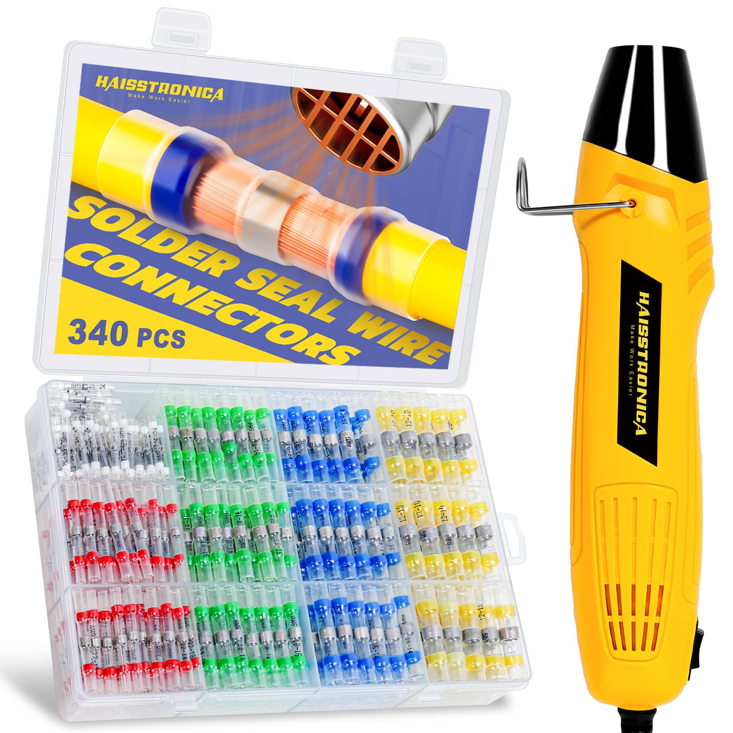 haisstronica 340pcs solder seal kit with heat gun for quick waterproof connections.