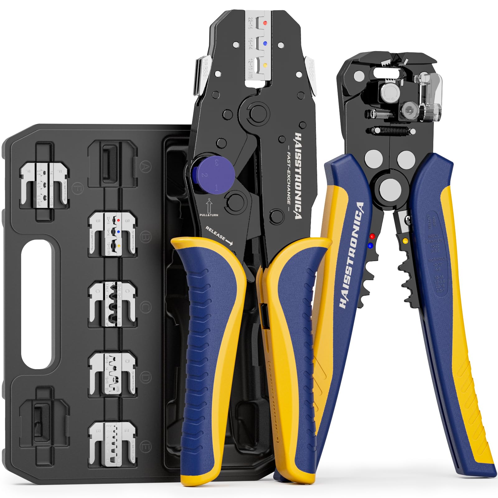 Haisstronica 8-piece crimping tool set with multiple dies for heat shrink and ferrule connectors.