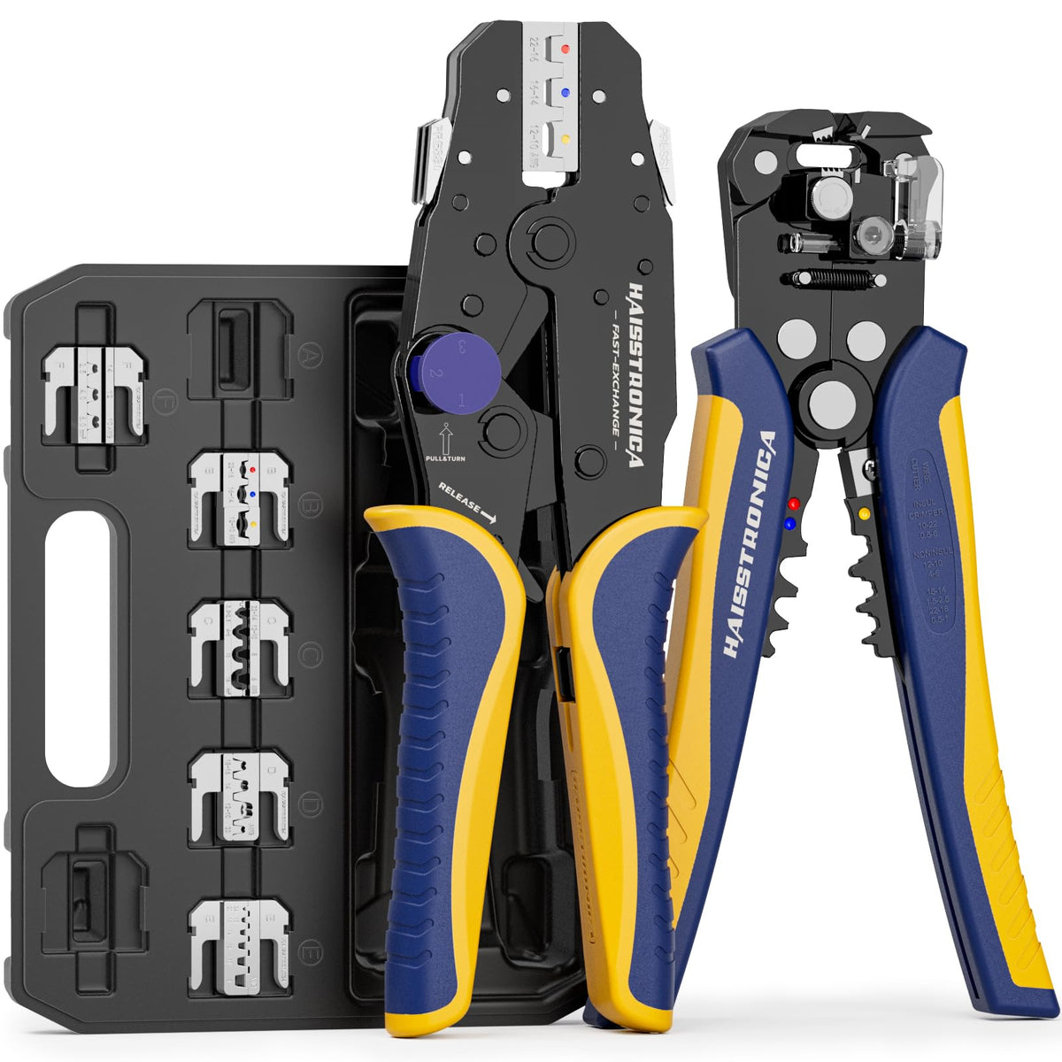 Haisstronica 8-piece crimping tool set with multiple dies for heat shrink and ferrule connectors.
