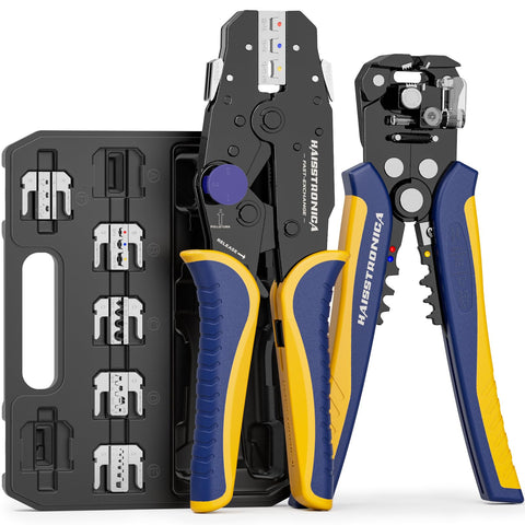 Haisstronica 8-piece crimping tool set with multiple dies for heat shrink and ferrule connectors.