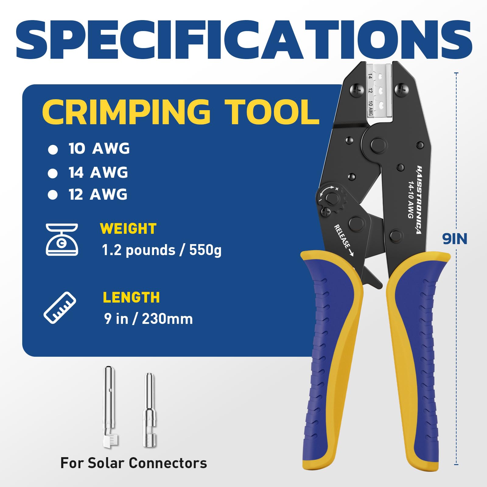 haisstronica crimping tool with AWG12 dies for secure, reliable connector terminations