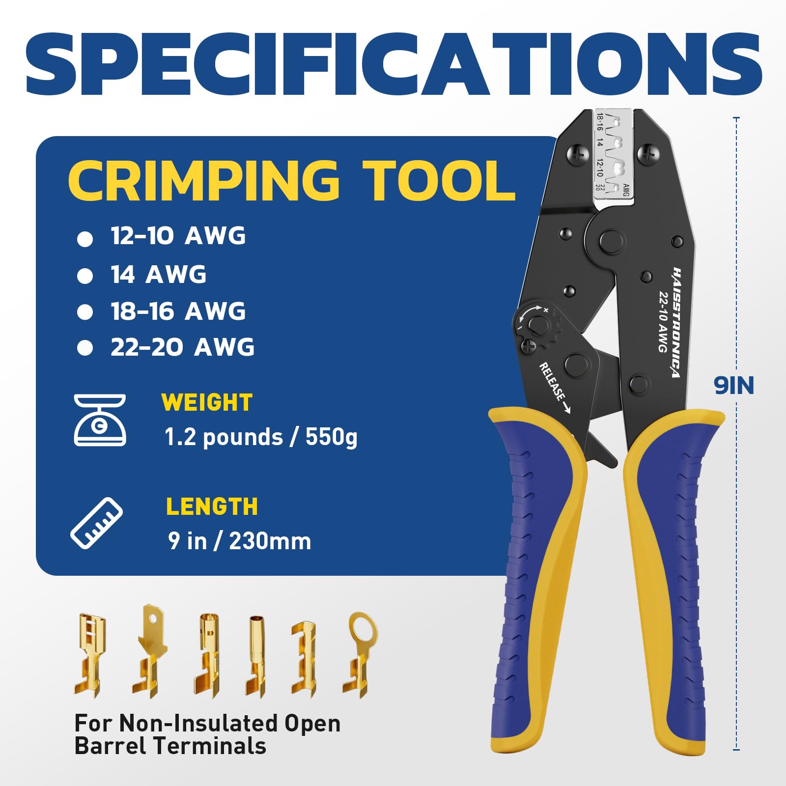 Haisstronica crimping tool jaw close-up showing precise grip on non-insulated terminals