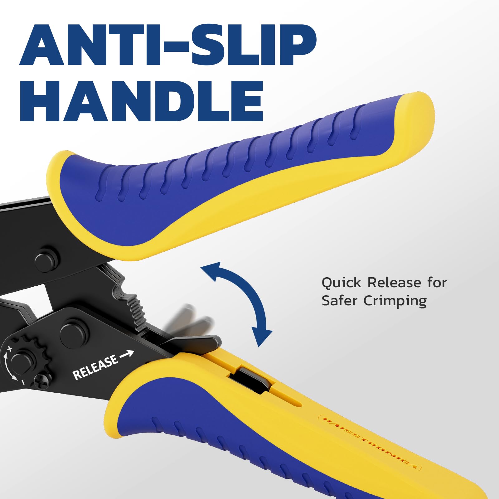 Haisstronica tool in use with insulated connectors and wires for secure terminations.