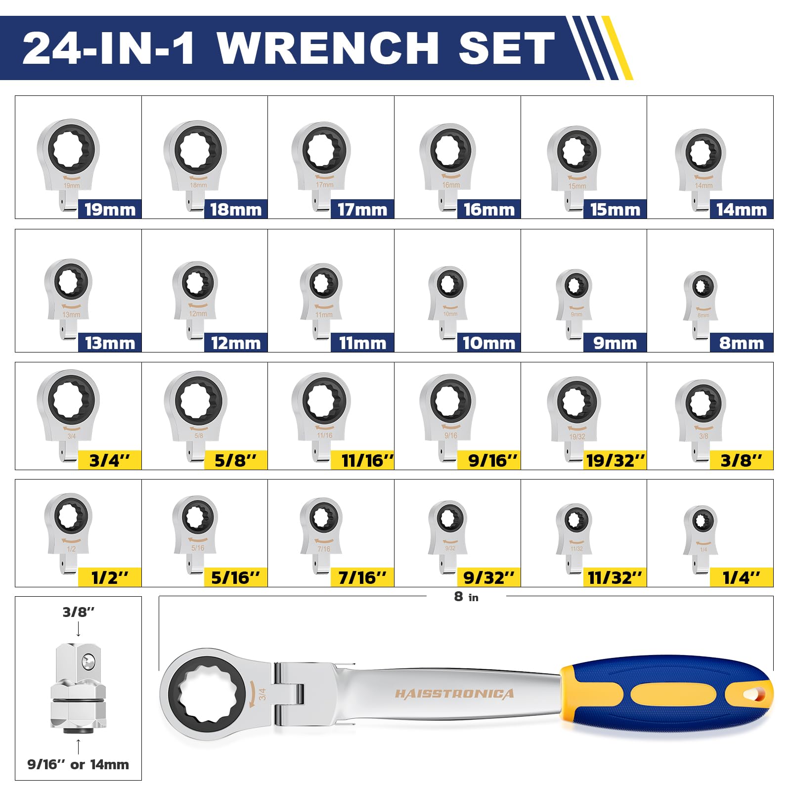Haisstronica flex-head ratchet wrench showing 180-degree rotation for tight spots.