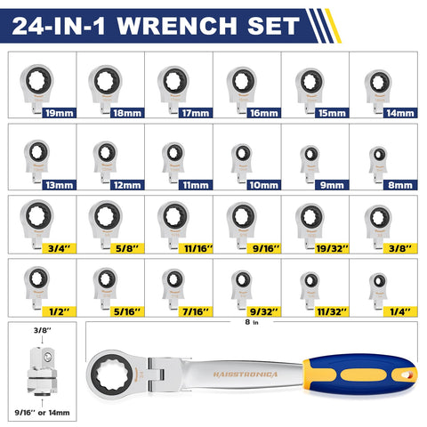 Haisstronica flex-head ratchet wrench showing 180-degree rotation for tight spots.