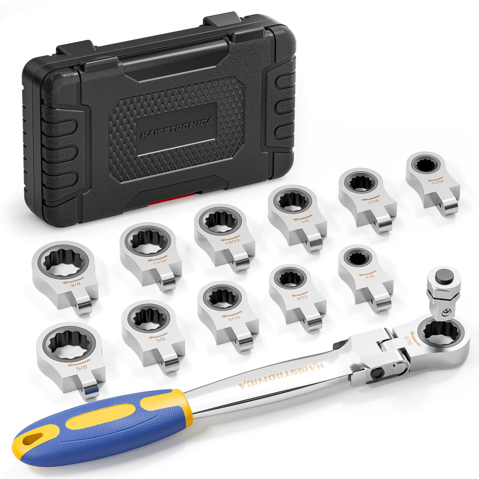 haisstronica flex-head ratcheting wrench set arranged for versatility and reach