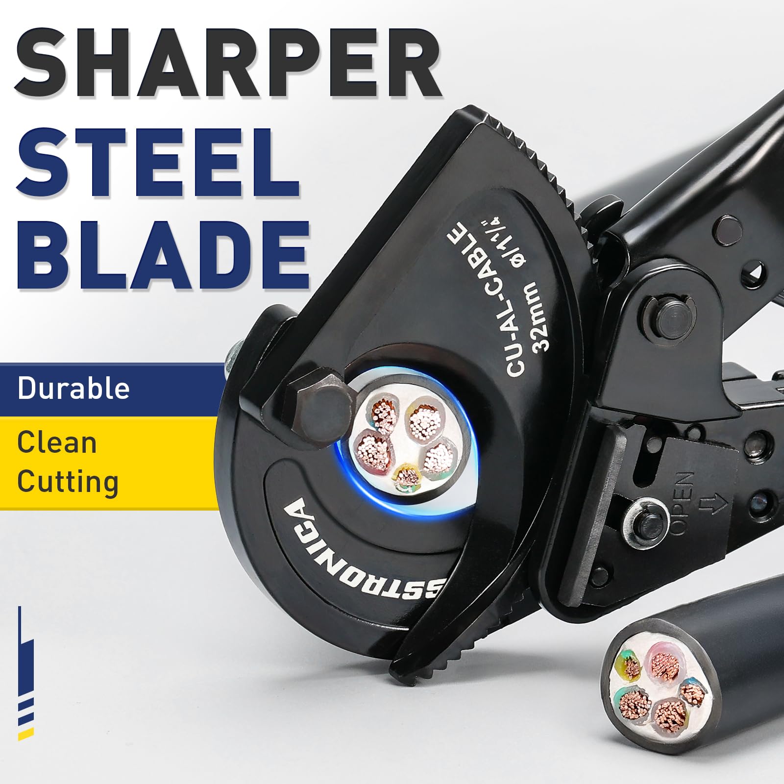 haisstronica ratchet cable cutters cut copper or aluminum up to 240mm² capacity.