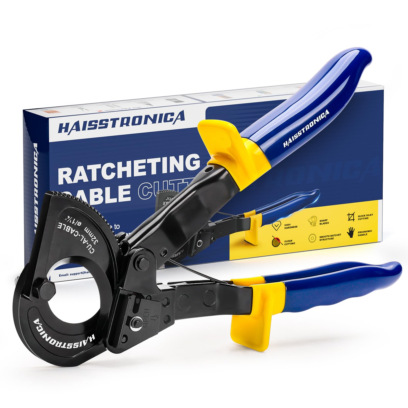 haisstronica Ratchet Cable Cutters handle close-up for ergonomic grip during precise cuts.