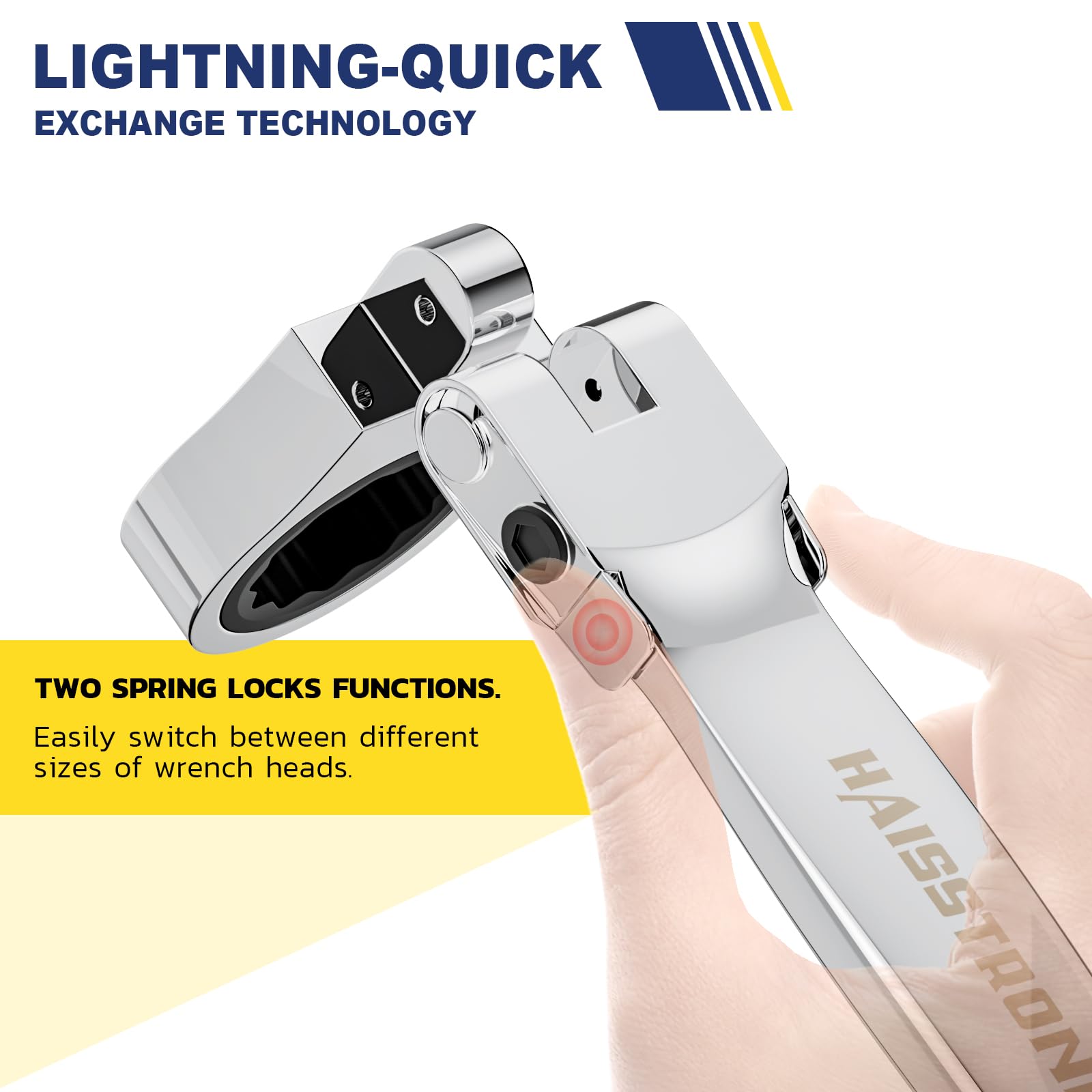 haisstronica spring-lock quick-change heads simplify size swaps.