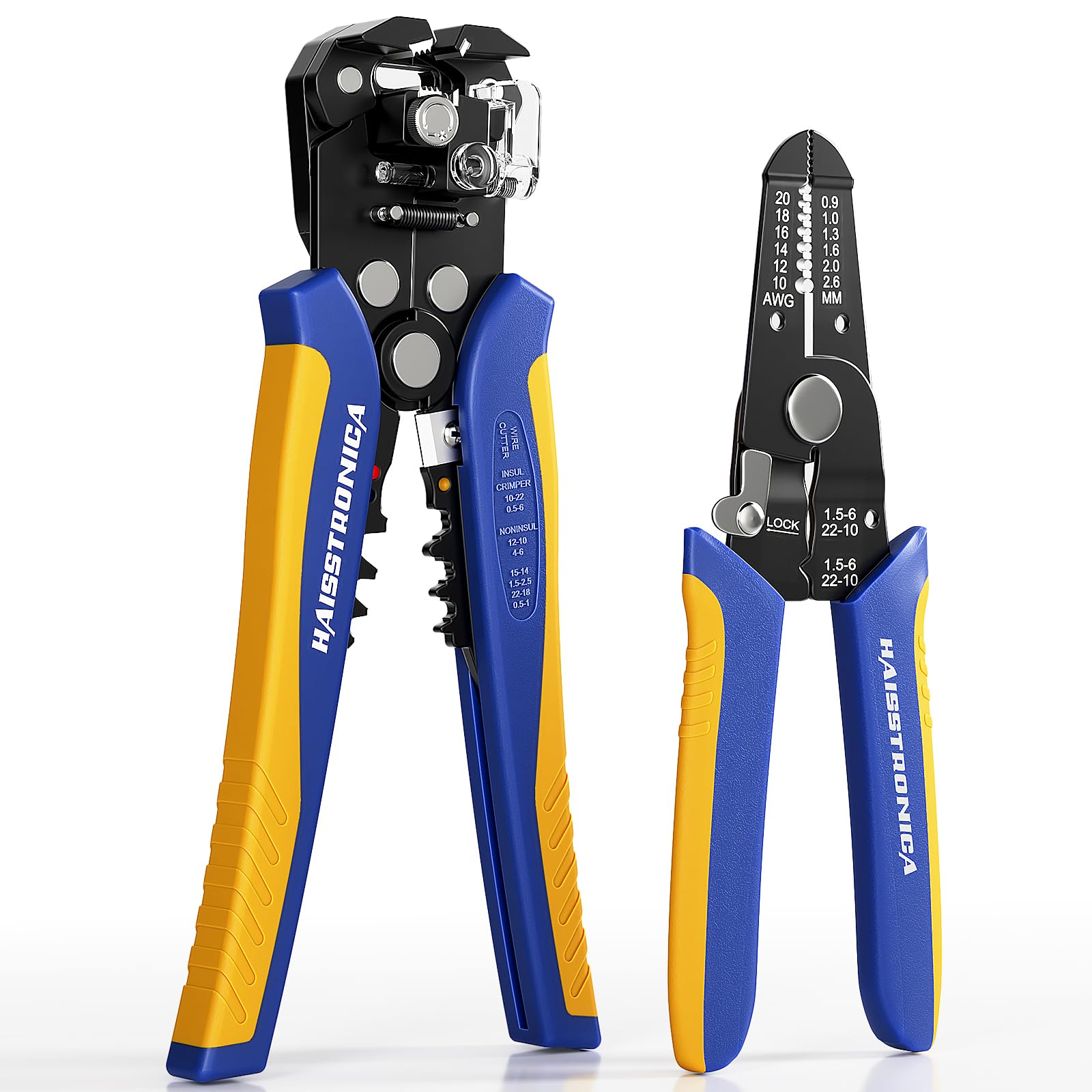 haisstronica automatic wire stripper in action for 10-24 AWG wires with quick, clean results.