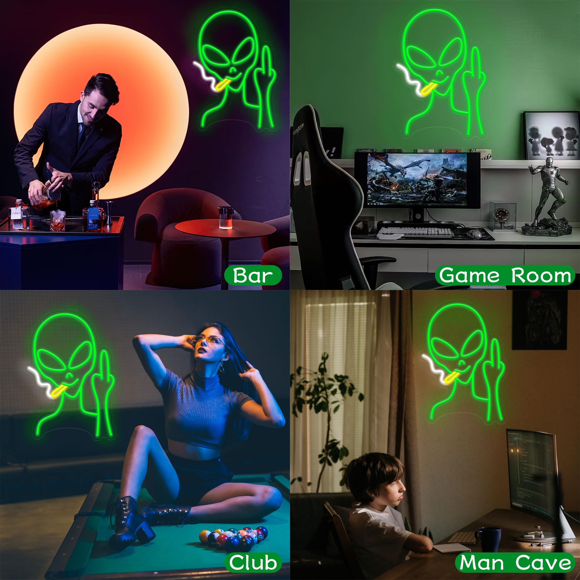 HAJAE green alien neon sign accenting a home bar