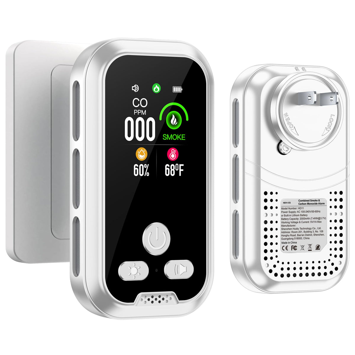 HAKINAKU 4in1 detector with HD screen shows CO, smoke, temp, and humidity.