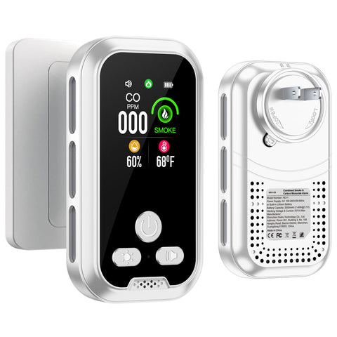 HAKINAKU 4in1 detector with HD screen shows CO, smoke, temp, and humidity.