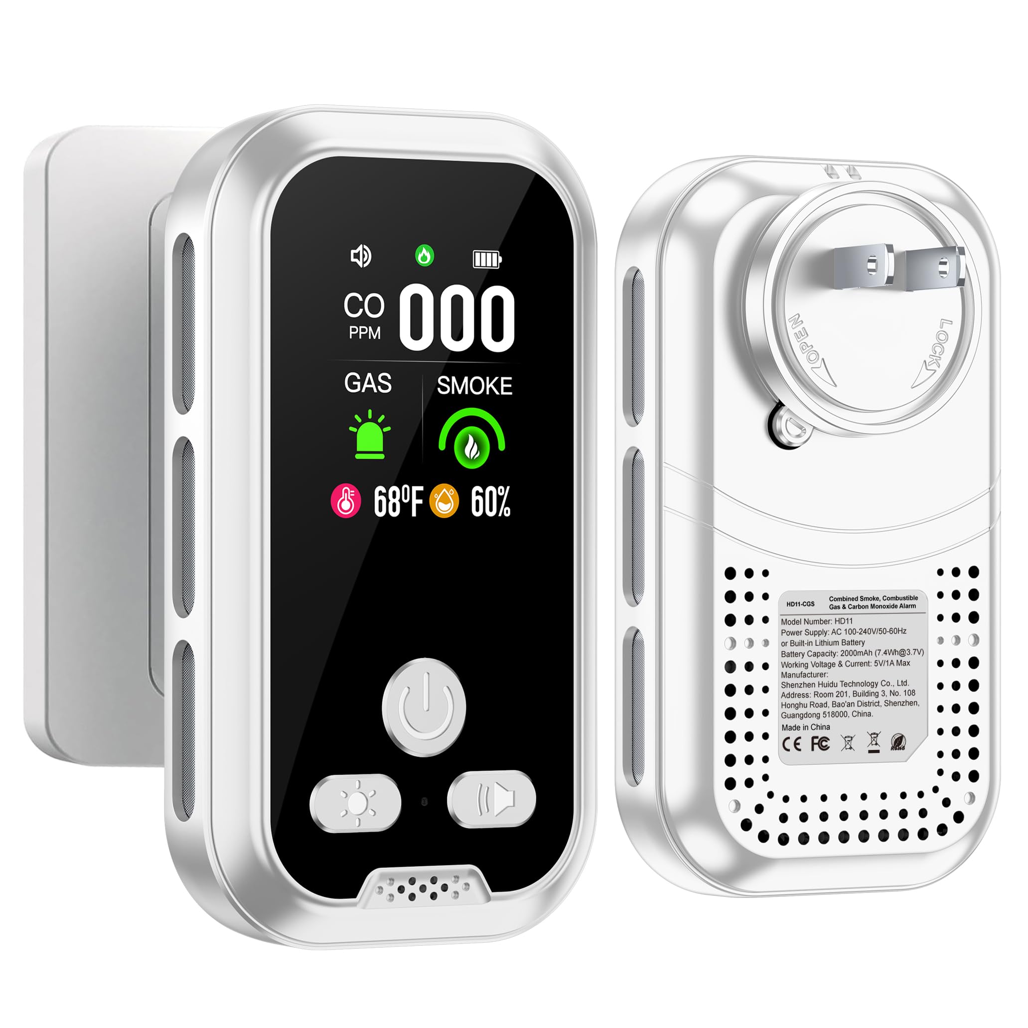 HAKINAKU 5in1 detector front view for rapid safety monitoring at a glance.