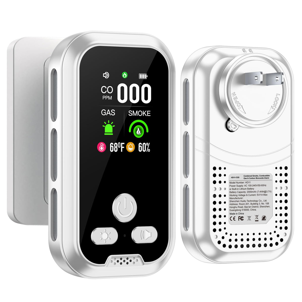 HAKINAKU 5in1 detector front view for rapid safety monitoring at a glance.