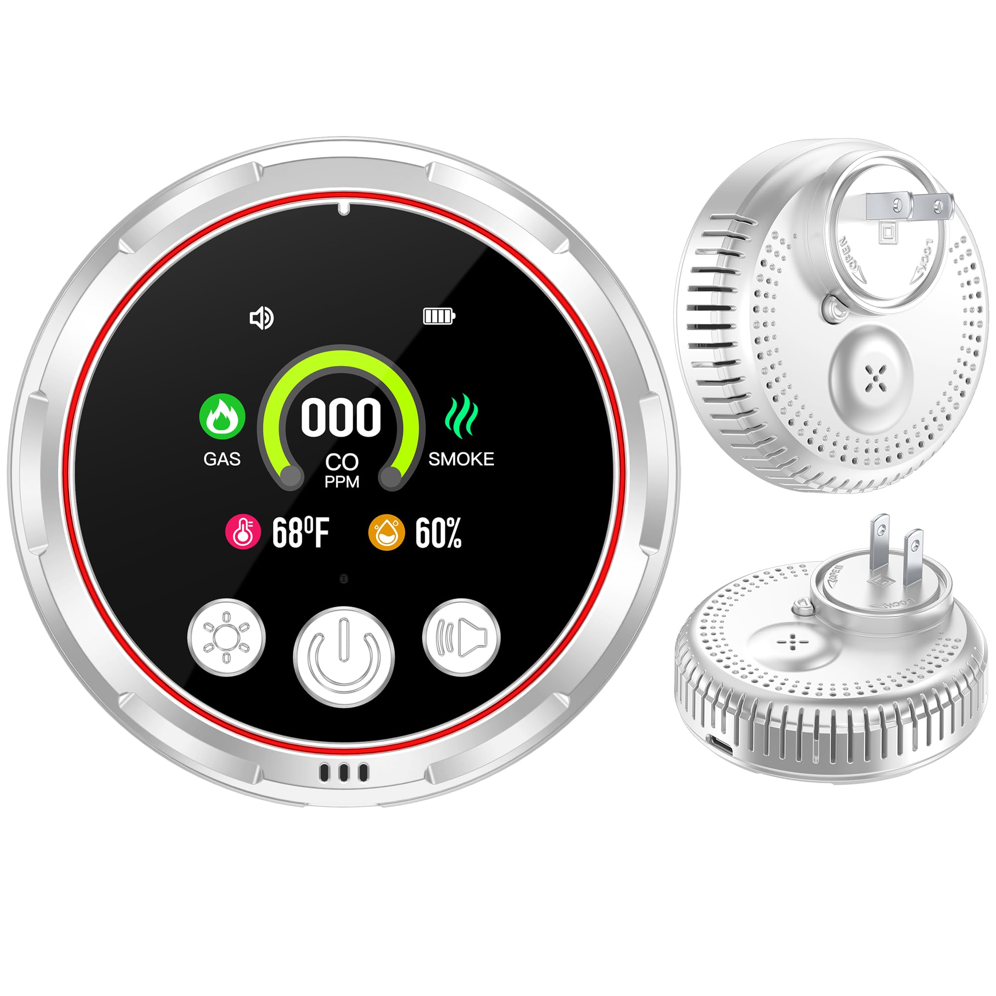HAKINAKU 5-in-1 detector showing CO, smoke and gas alerts for quick warnings.