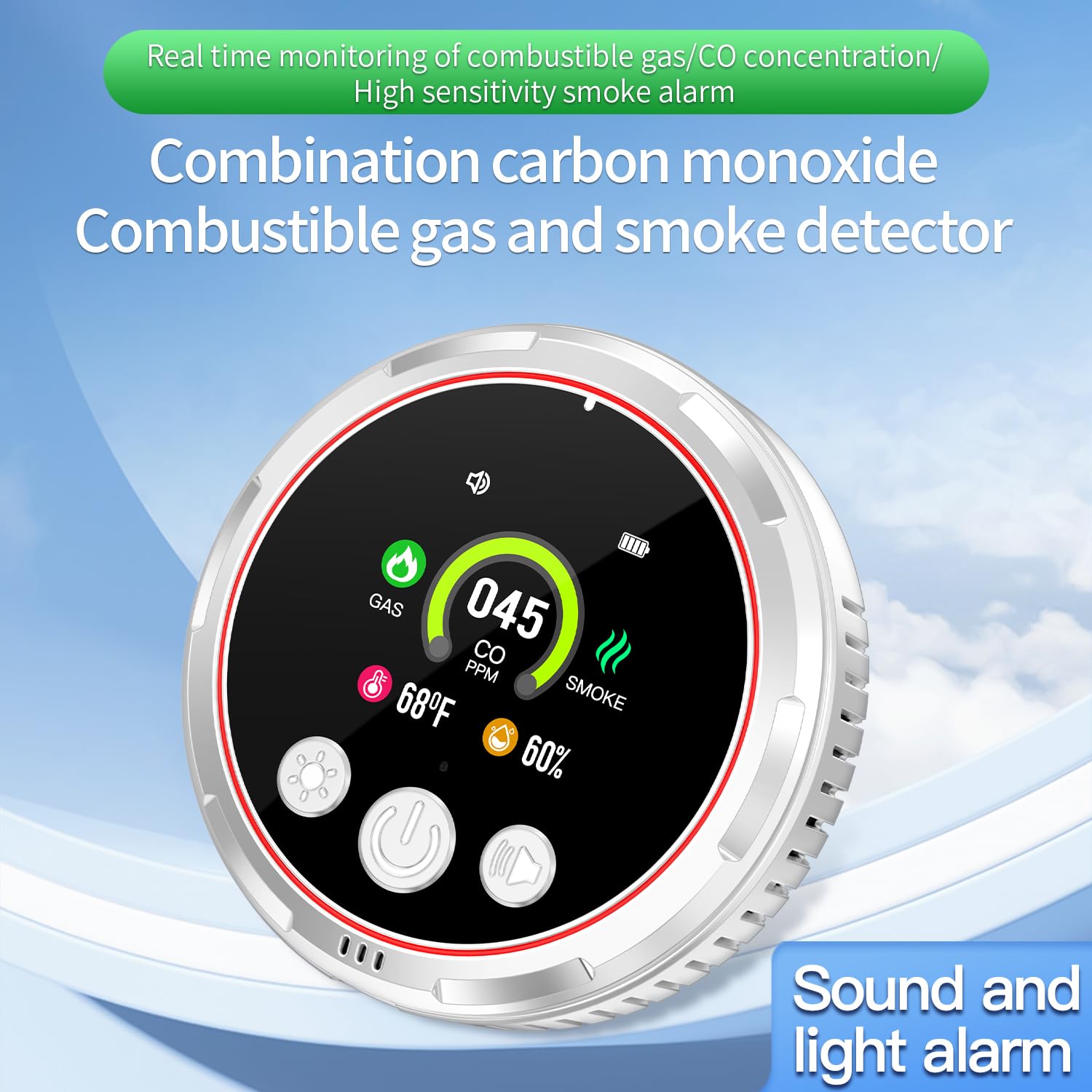 HAKINAKU HD display shows real-time readings of CO, temperature, and humidity.