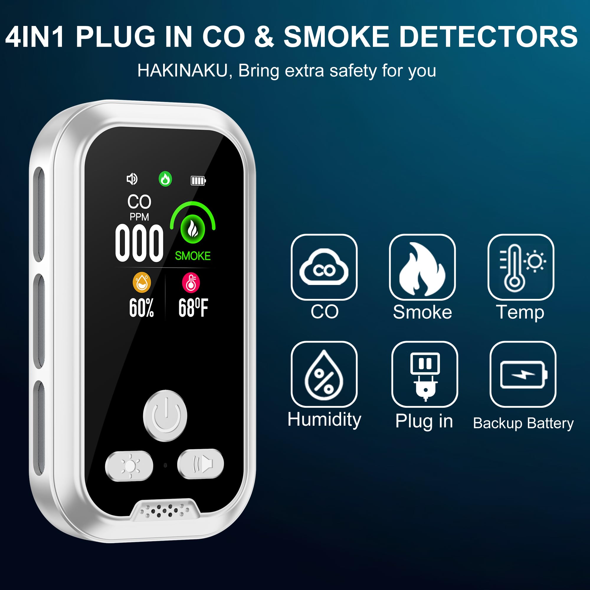HAKINAKU plug-in detector fits 110V–220V outlets for continuous safety monitoring.