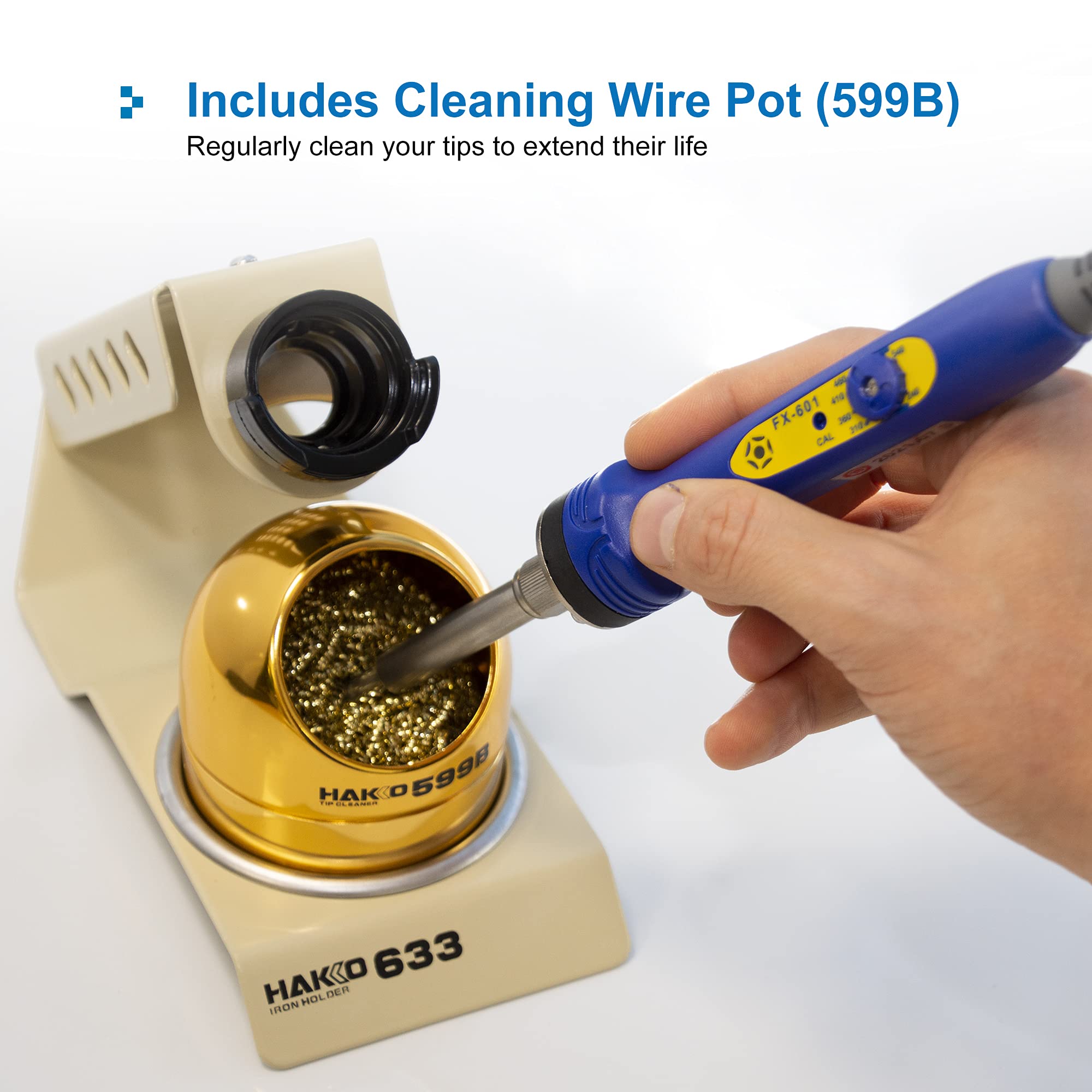 Hakko 633-01 cleaning-wire-pot keeps tips within easy reach.