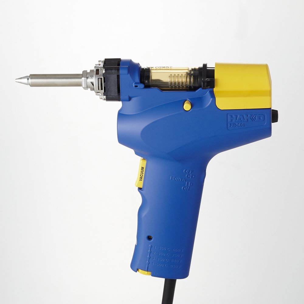 Hakko FR-301 portable desoldering tool, front view, enables precise solder removal and quick on-site repairs.