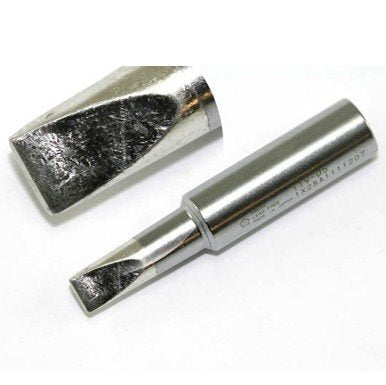 Hakko T19-D5 chisel tip, 5mm, for FX-601 iron, improves heat transfer for cleaner solder joints.