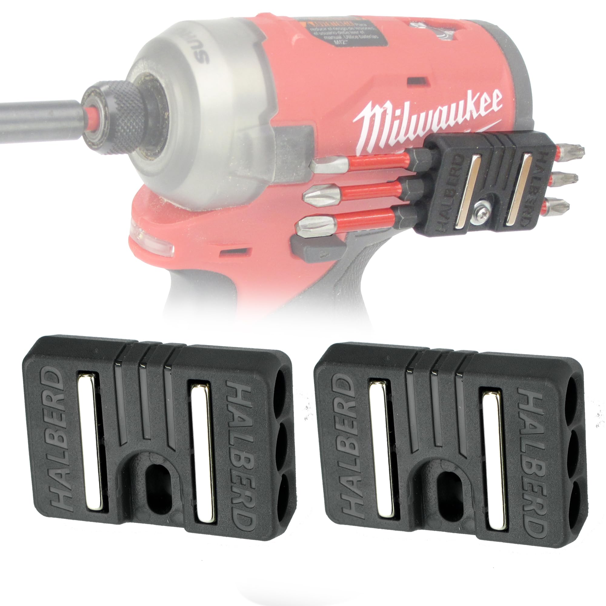 Halberd bit holder mounted on a Milwaukee M12 Gen2/Gen3 tool for quick access.