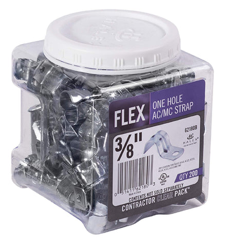 Halex 3/8 in FMC strap close-up showing zinc-plated steel durability