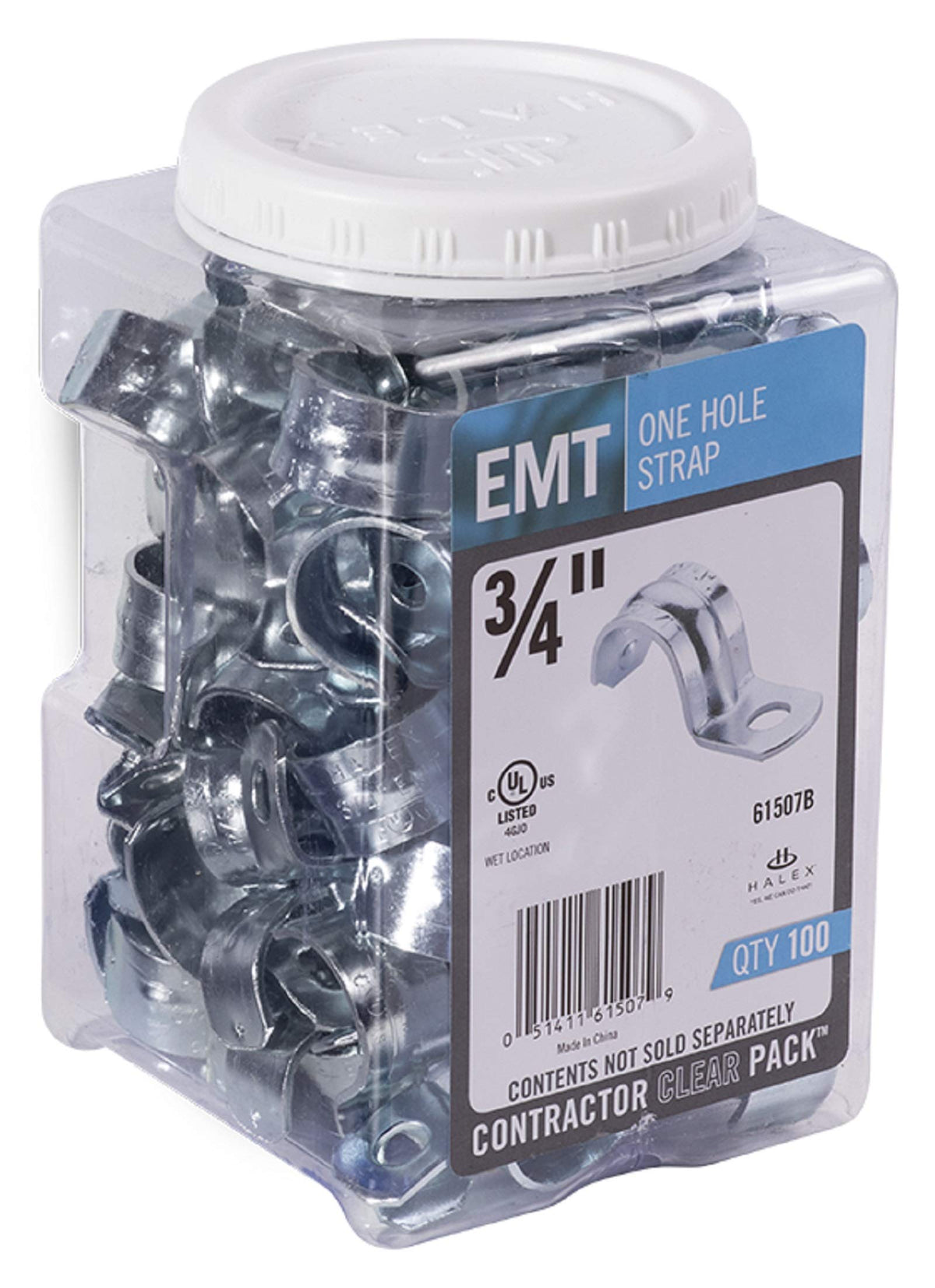Halex 61507B EMT one-hole strap packaging showing a 100-pack for large projects