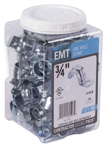 Halex 61507B EMT one-hole strap packaging showing a 100-pack for large projects