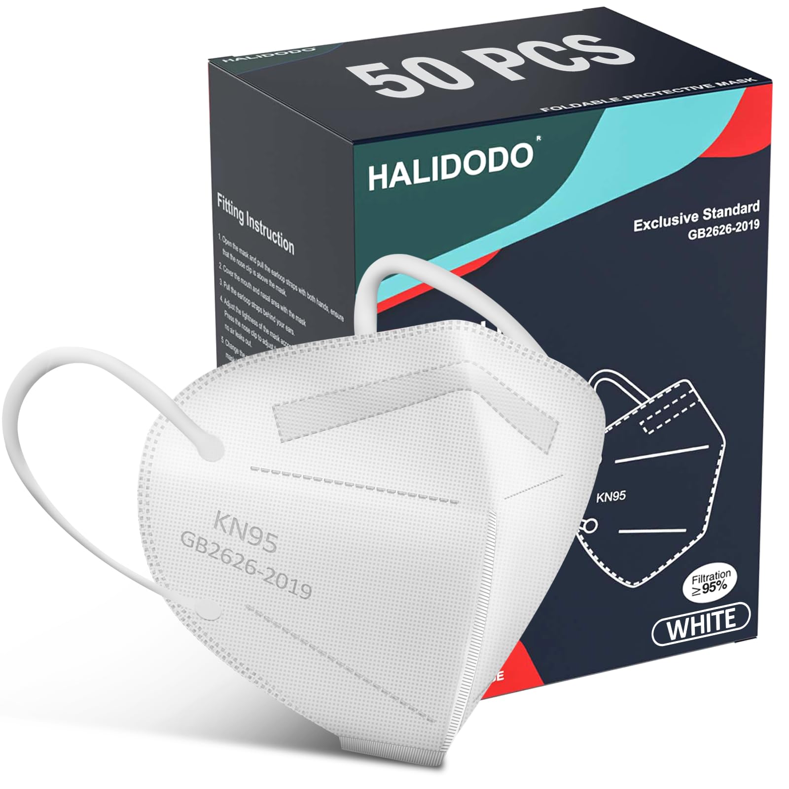 HALIDODO KN95 5-Ply face mask white pack with 3D design for a snug fit.