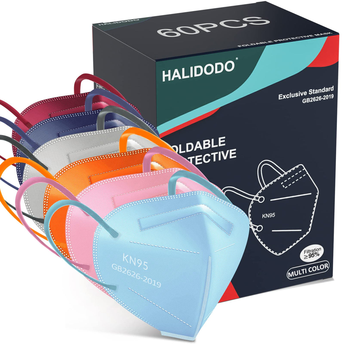 HALIDODO KN95 60-pack, individually wrapped for clean portability.