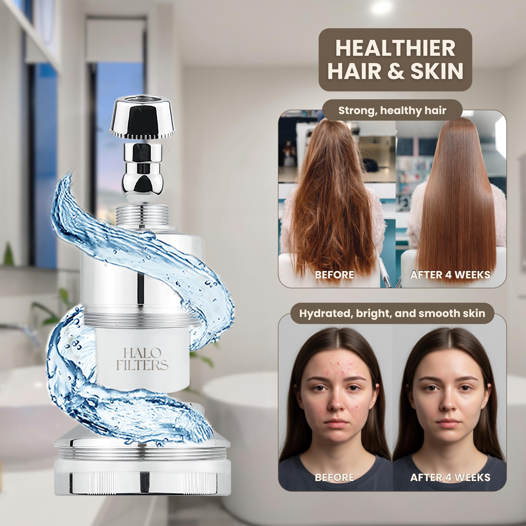 Halo Filters chrome finish design emphasizes durable, modern bathroom compatibility.