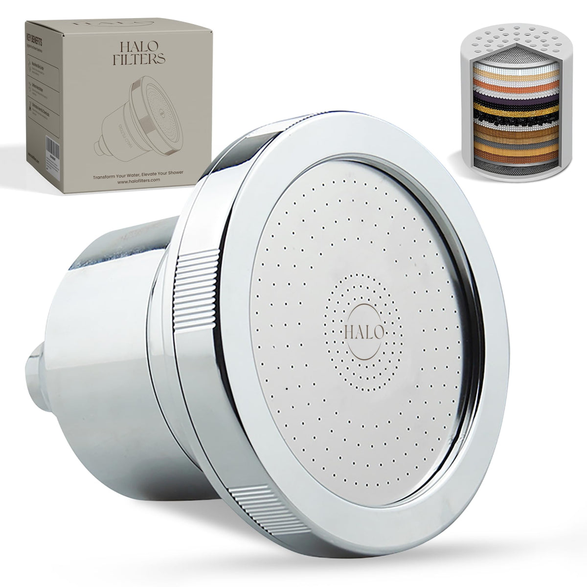 Halo Filters chrome showerhead front view for a refreshing, chlorine-free rinse.
