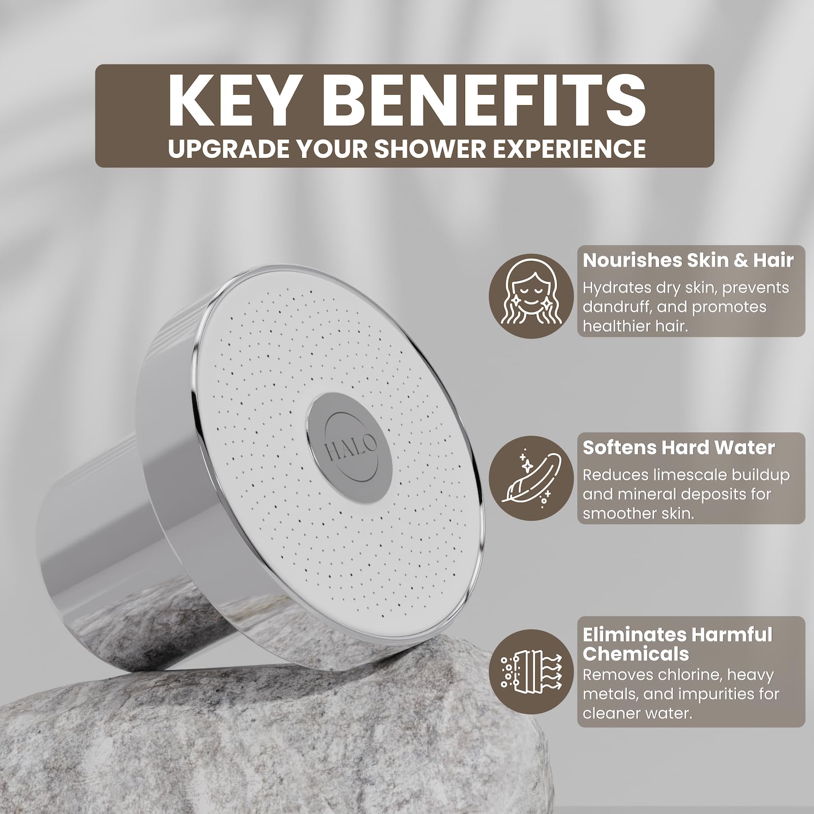 Halo Filters shower head features a modern, durable design in a bathroom