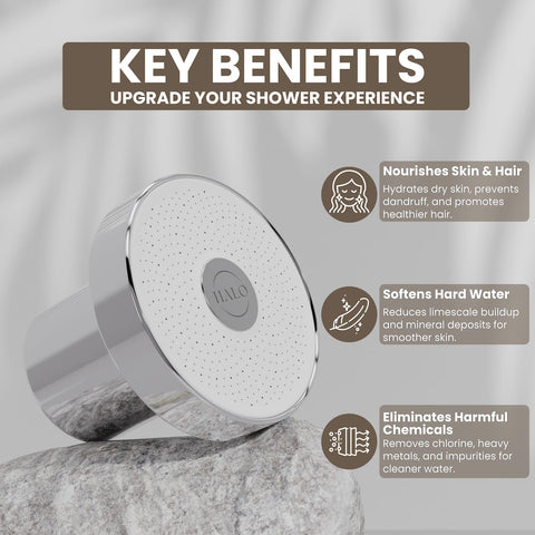 Halo Filters shower head features a modern, durable design in a bathroom
