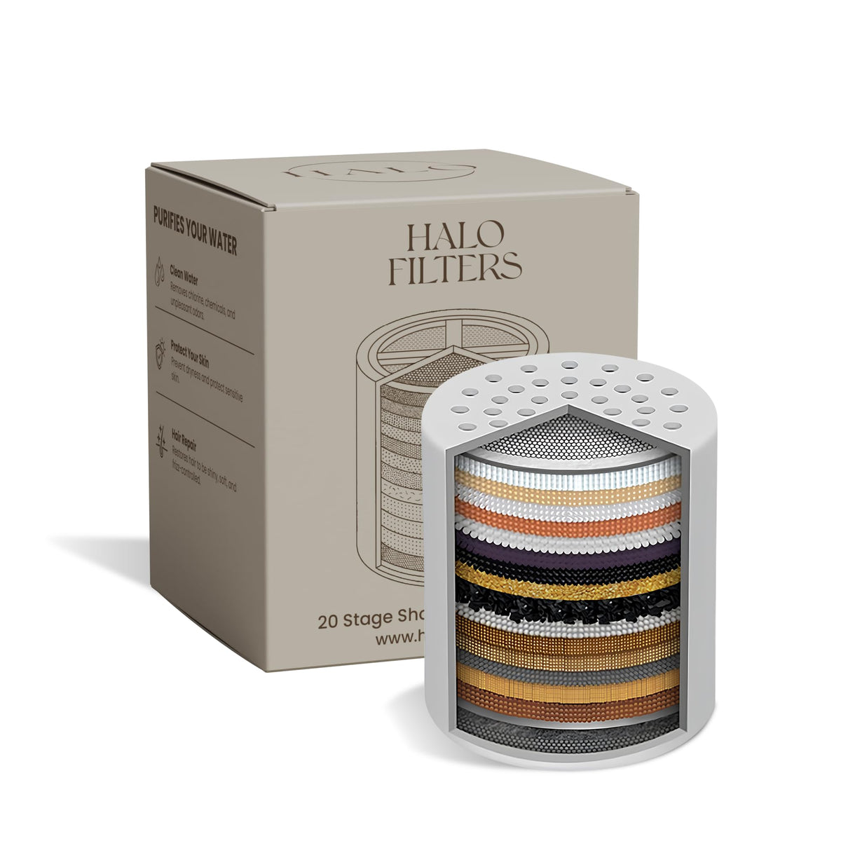 Halo Filters front view chrome head shows modern style and filtration performance for cleaner showers.