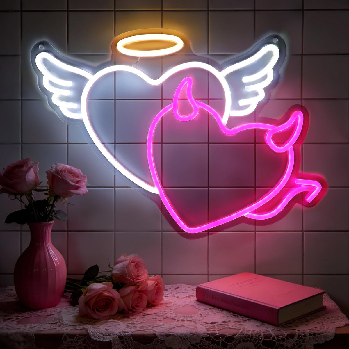 Halovin Valentine heart sign with pink devil heart glow for cozy bedroom ambiance