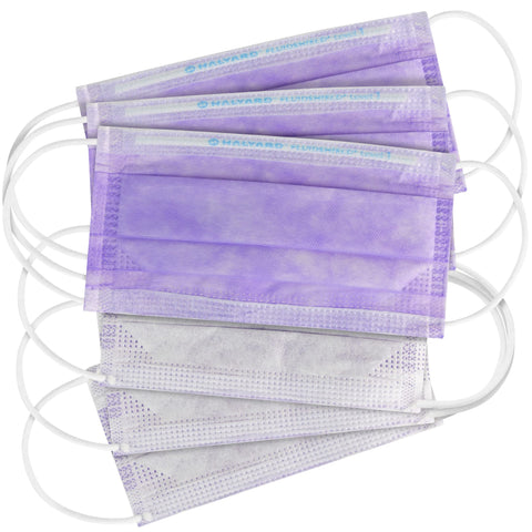 HALYARD Fluidshield 1 lavender mask being worn confirms fit and color.