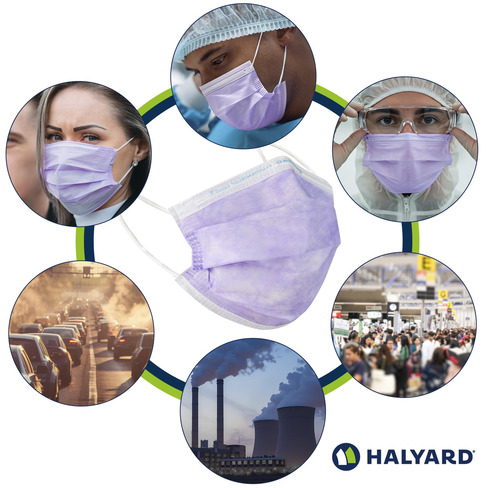 HALYARD Fluidshield 1 lavender mask packaging box visible for easy storage.