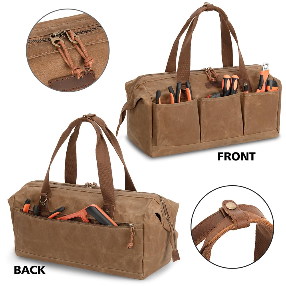 Hamks tool bag's waxed canvas shell resists weather and rain.