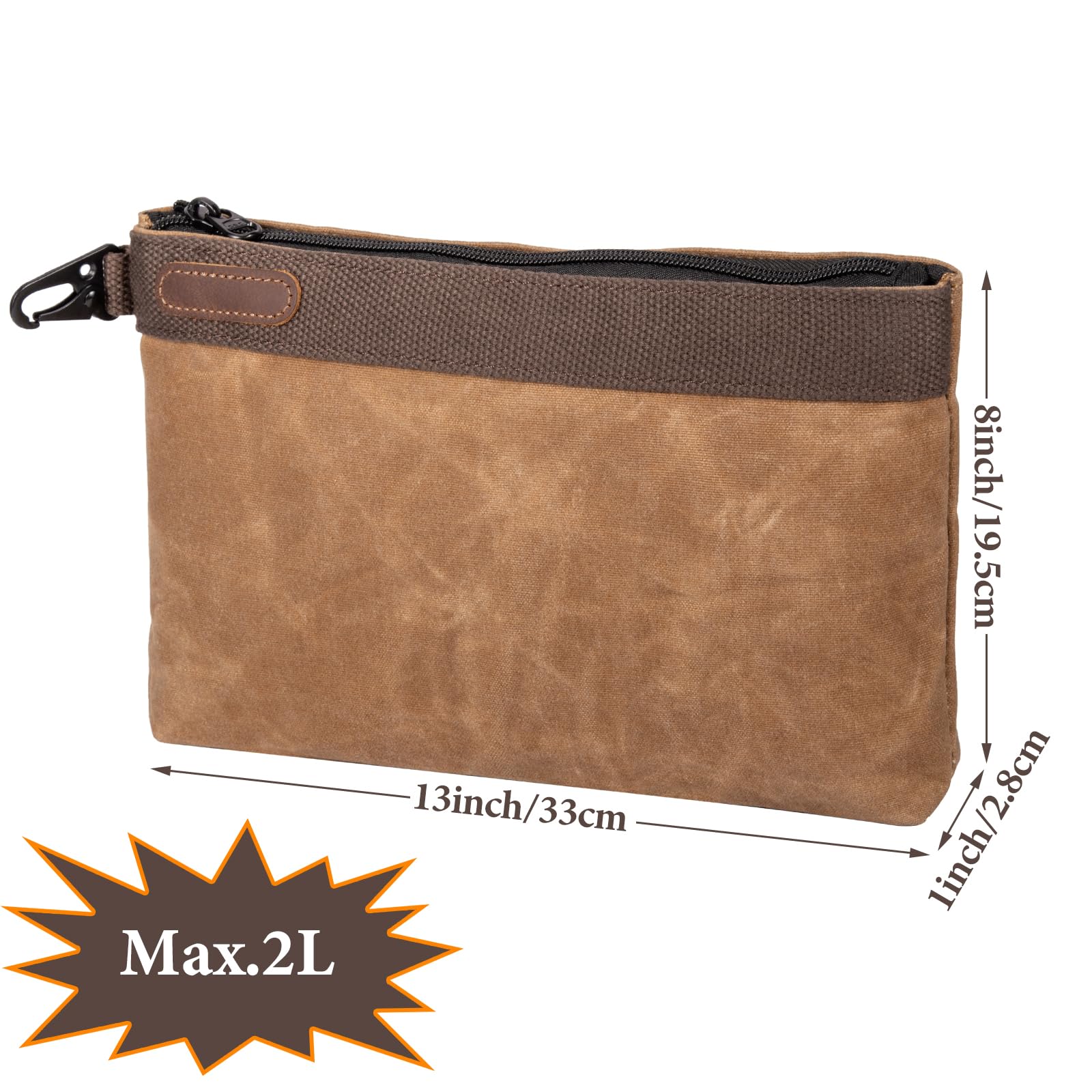 Hamks waxed canvas tool pouch side view shows capacity and sturdy construction.