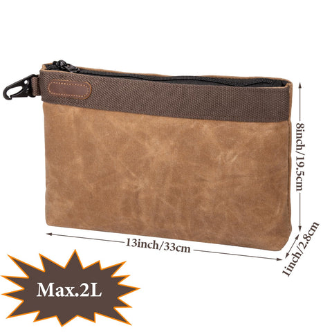 Hamks waxed canvas tool pouch side view shows capacity and sturdy construction.