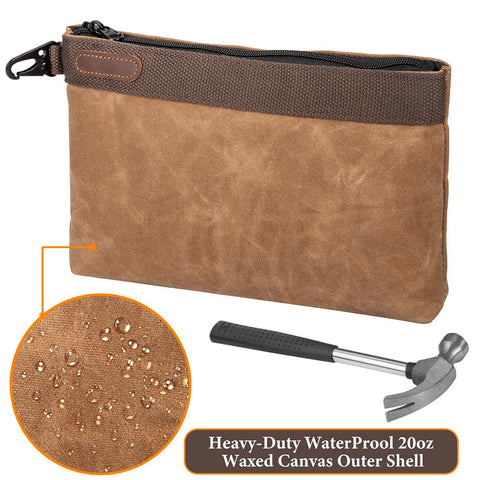 Hamks waxed canvas tool pouch helps keep tools organized in garage or workshop.