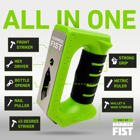 Hammer Fist multitool with 3 strike angles, ideal for tight spaces.