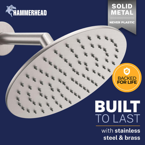 Close-up of HammerHead brushed-nickel rain head nozzles for steady spray