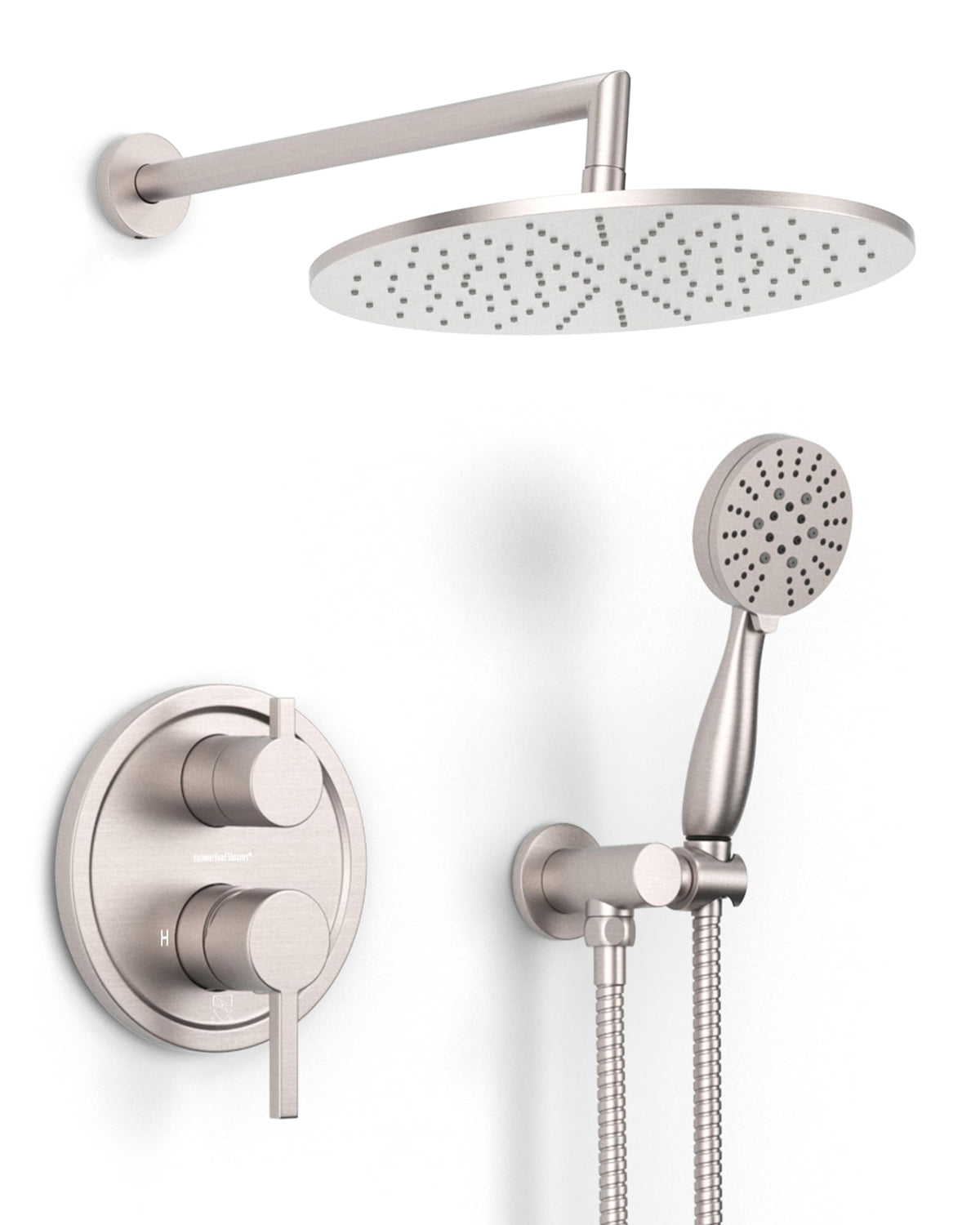 HammerHead Showers 10-inch rain head delivers broad coverage.