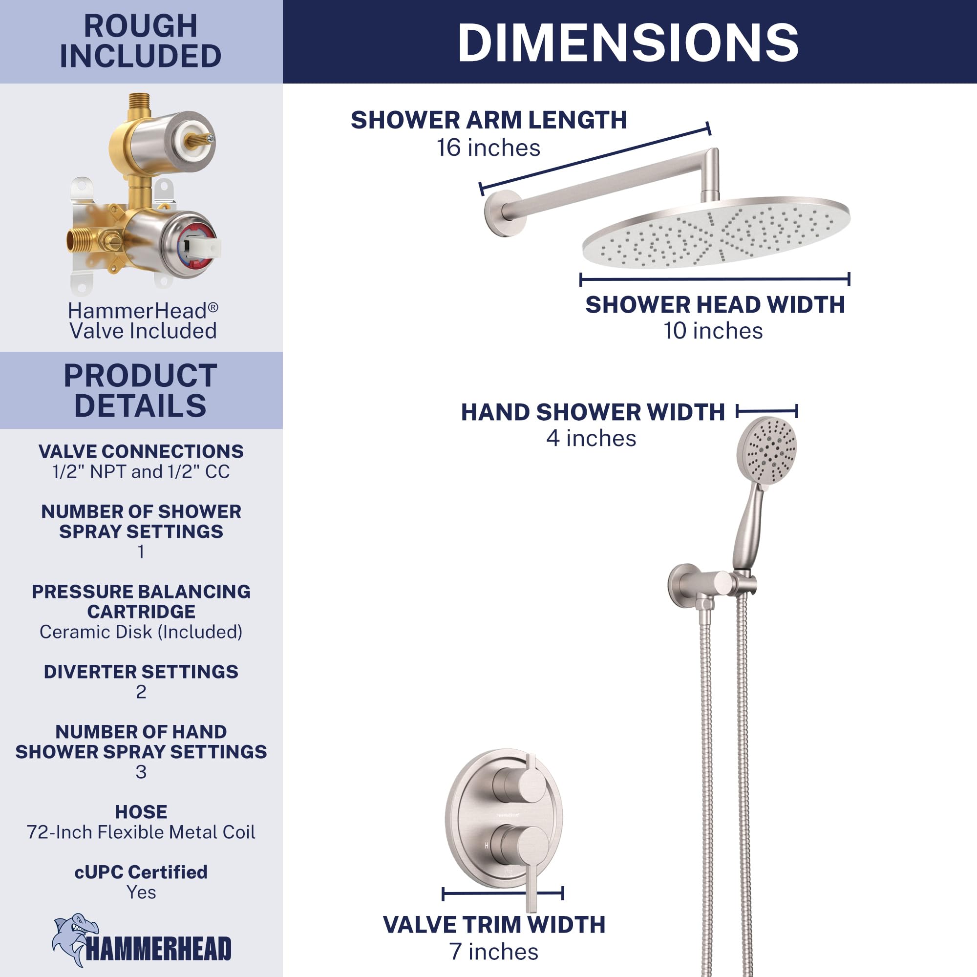 HammerHead Showers 16-inch overhead arm offers wide reach.